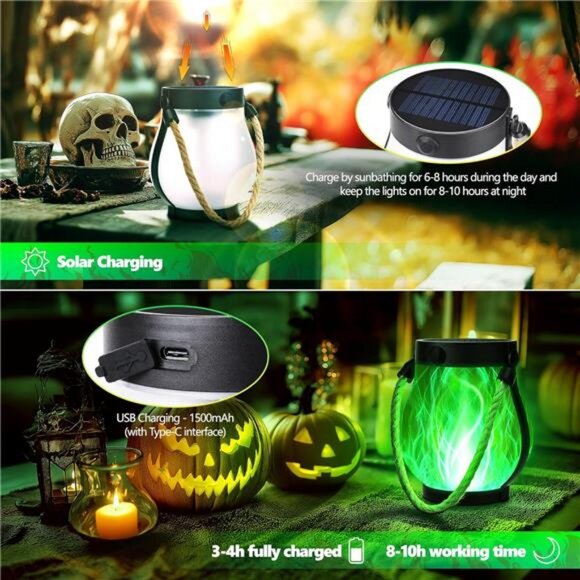 2 Pack Solar Lanterns Lights, Halloween Flickering Flame Garden Lights - Picture 4 of 8
